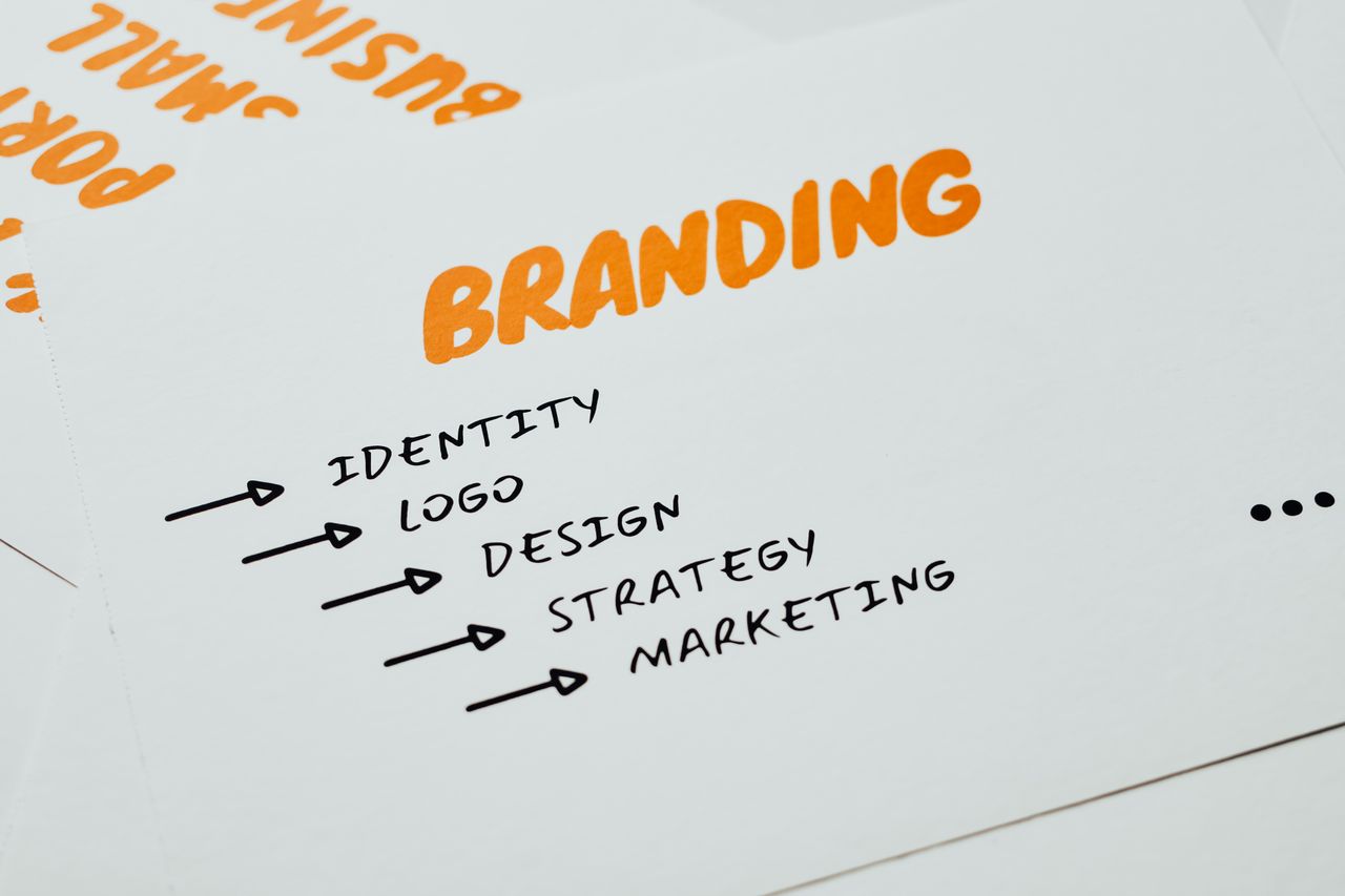 Gros plan sur une feuille présentant les notions de branding, identité, design, stratégie et marketing en orange et noir.